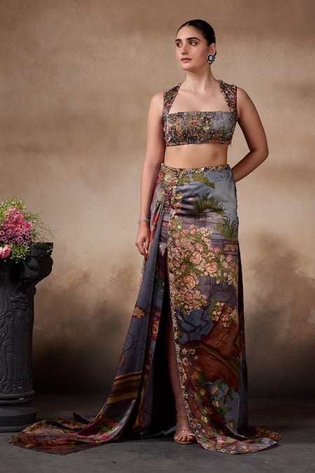 Shop_Falsa_Gray Silk Satin Sequins, Beads Square Neck Printed Side Slit Skirt And Blouse Set _Online_at_Aza_Fashions