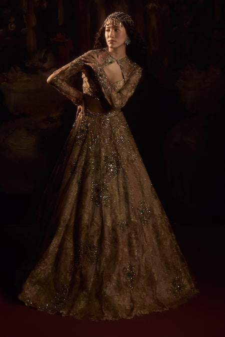 Falsa Gold Lace, Net Embroidery, Beads Asymmetric, Open Hand Jacket And Lehenga Set Online at Aza Fashions Falsa_Gold Lace, Net Embroidery, Beads Asymmetric, Open Hand Jacket And Lehenga Set _Online_at_Aza_Fashions