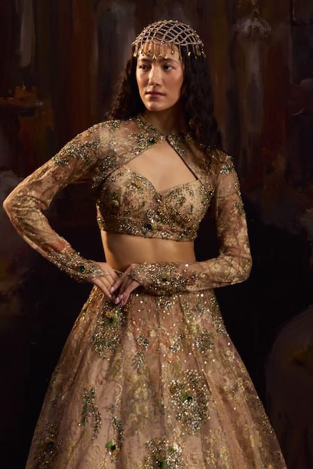 Buy Falsa Gold Lace, Net Embroidery, Beads Asymmetric, Open Hand Jacket And Lehenga Set Online at Aza Fashions Buy_Falsa_Gold Lace, Net Embroidery, Beads Asymmetric, Open Hand Jacket And Lehenga Set _Online_at_Aza_Fashions