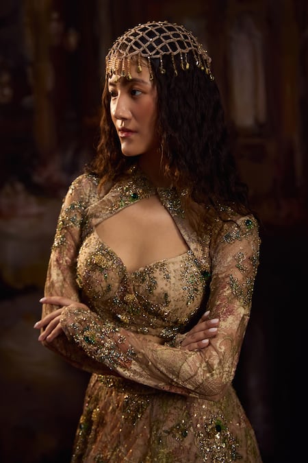 Falsa Gold Lace, Net Embroidery, Beads Asymmetric, Open Hand Jacket And Lehenga Set at Aza Fashions Falsa_Gold Lace, Net Embroidery, Beads Asymmetric, Open Hand Jacket And Lehenga Set _at_Aza_Fashions