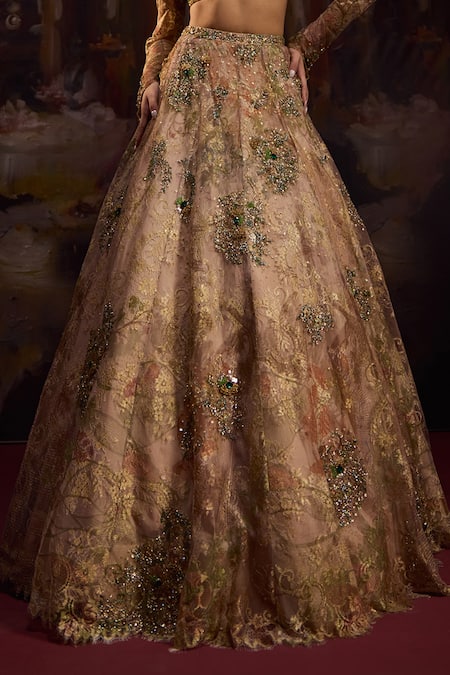 Buy Falsa Gold Lace, Net Embroidery, Beads Asymmetric, Open Hand Jacket And Lehenga Set Buy_Falsa_Gold Lace, Net Embroidery, Beads Asymmetric, Open Hand Jacket And Lehenga Set