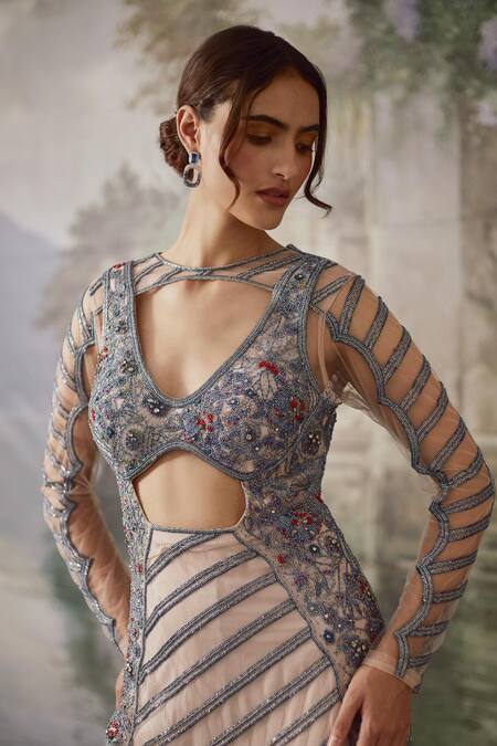 Falsa_Beige Net Embroidery V-neck Hand Kurta Sharara Set _Online_at_Aza_Fashions