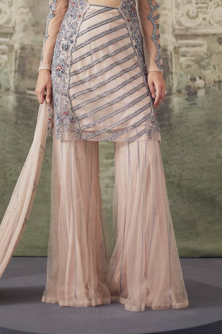 Buy_Falsa_Beige Net Embroidery V-neck Hand Kurta Sharara Set _Online_at_Aza_Fashions