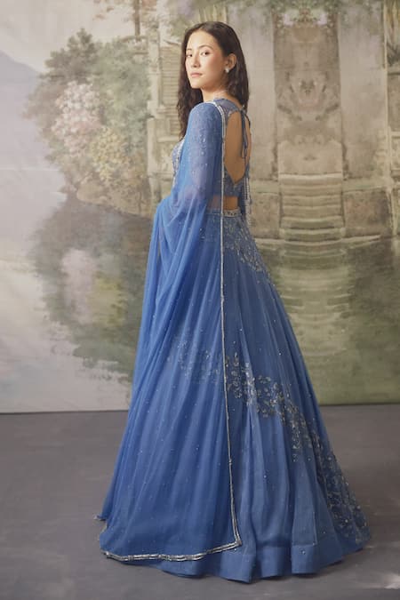 Falsa_Blue Silk Organza Embroidery, Sequins Sweetheart Neck Hand Lehenga Set _Online_at_Aza_Fashions