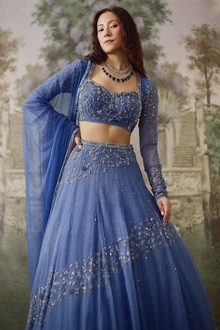 Buy_Falsa_Blue Silk Organza Embroidery, Sequins Sweetheart Neck Hand Lehenga Set _Online_at_Aza_Fashions