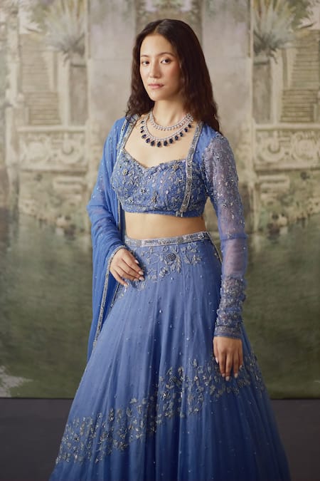 Shop_Falsa_Blue Silk Organza Embroidery, Sequins Sweetheart Neck Hand Lehenga Set _Online_at_Aza_Fashions