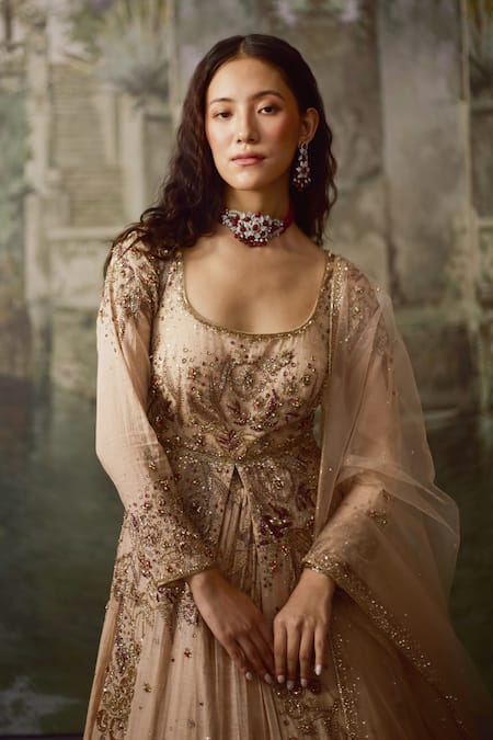 Falsa_Pink Cotton, Silk, Tissue Embroidery, Sequins Square Neck Anarkali And Lehenga Set _Online_at_Aza_Fashions