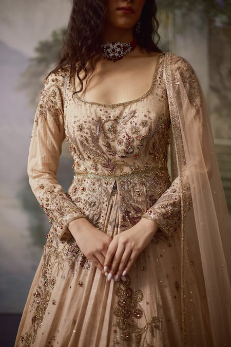 Buy_Falsa_Pink Cotton, Silk, Tissue Embroidery, Sequins Square Neck Anarkali And Lehenga Set _Online_at_Aza_Fashions