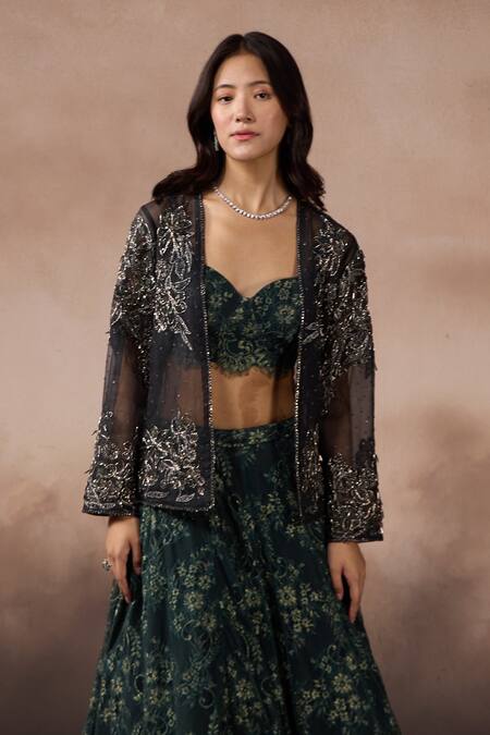 Falsa_Multi Color Chantelle Embroidery Open , Sweetheart Jacket And Skirt Set _Online_at_Aza_Fashions