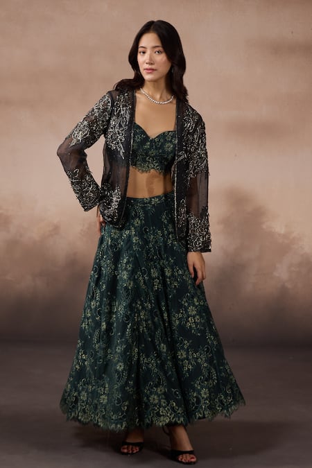 Falsa Multi Color Chantelle Embroidery Open , Sweetheart Jacket And Skirt Set 