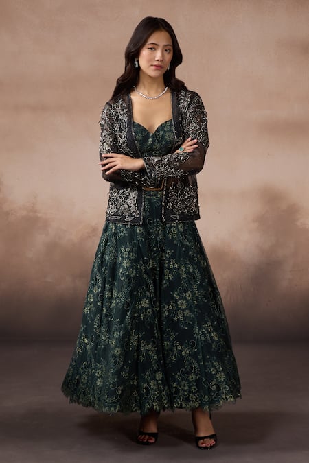 Falsa_Multi Color Chantelle Embroidery Open , Sweetheart Jacket And Skirt Set _at_Aza_Fashions