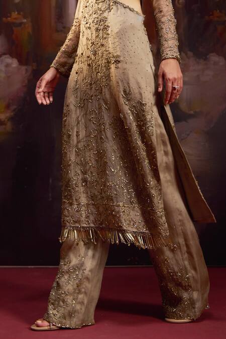 Falsa_Gray Silk Organza Embroidery V-neck Tunic With Pant _Online_at_Aza_Fashions