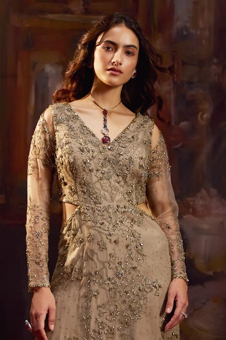 Buy_Falsa_Gray Silk Organza Embroidery V-neck Tunic With Pant _Online_at_Aza_Fashions