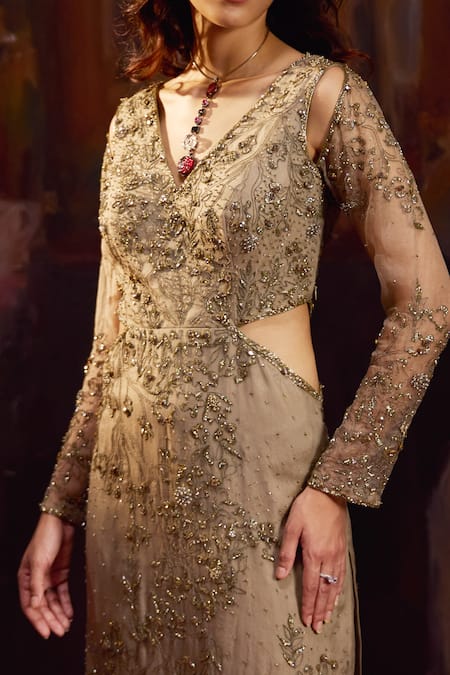 Shop_Falsa_Gray Silk Organza Embroidery V-neck Tunic With Pant _Online_at_Aza_Fashions