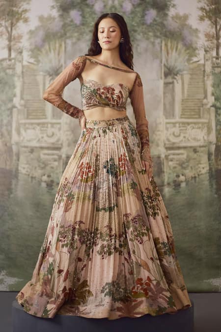 Falsa Pink Silk, Chiffon Embroidery Square Neck Hand Lehenga With Blouse 