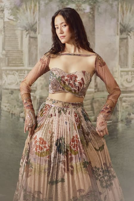 Shop_Falsa_Pink Silk, Chiffon Embroidery Square Neck Hand Lehenga With Blouse _Online_at_Aza_Fashions