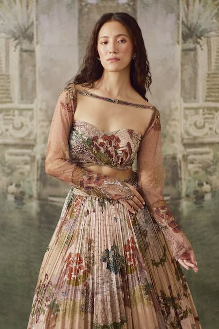 Falsa_Pink Silk, Chiffon Embroidery Square Neck Hand Lehenga With Blouse _at_Aza_Fashions