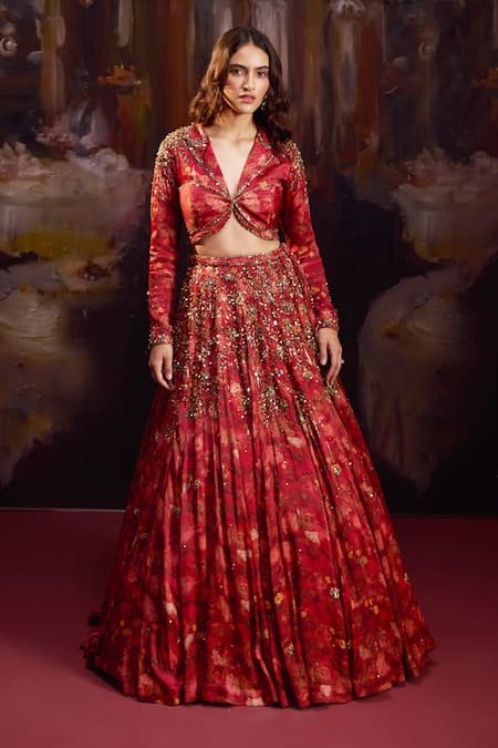 Falsa_Red Silk, Crepe Beads, Embroidery, Sequins V-neck Hand Lehenga With Blouse _Online_at_Aza_Fashions
