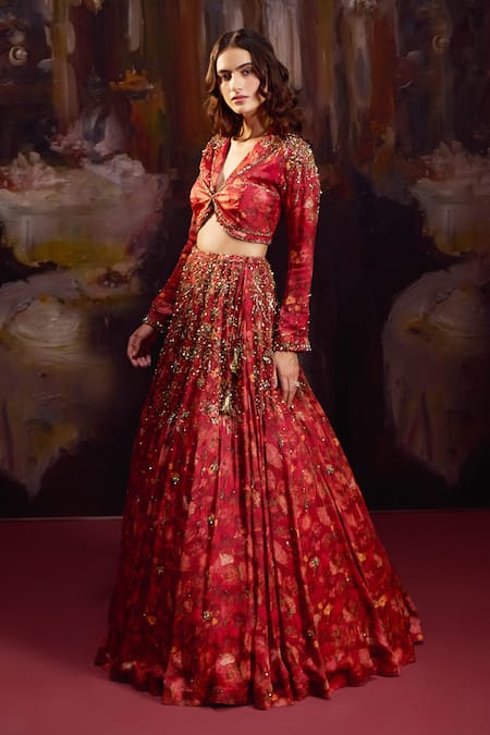 Buy_Falsa_Red Silk, Crepe Beads, Embroidery, Sequins V-neck Hand Lehenga With Blouse _Online_at_Aza_Fashions