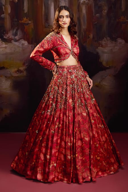 Shop_Falsa_Red Silk, Crepe Beads, Embroidery, Sequins V-neck Hand Lehenga With Blouse _Online_at_Aza_Fashions
