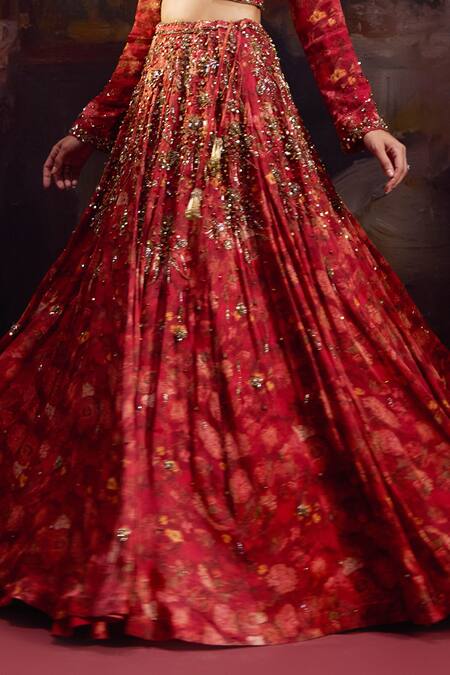 Falsa_Red Silk, Crepe Beads, Embroidery, Sequins V-neck Hand Lehenga With Blouse _at_Aza_Fashions