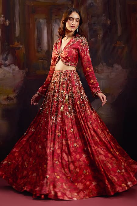 Buy_Falsa_Red Silk, Crepe Beads, Embroidery, Sequins V-neck Hand Lehenga With Blouse 
