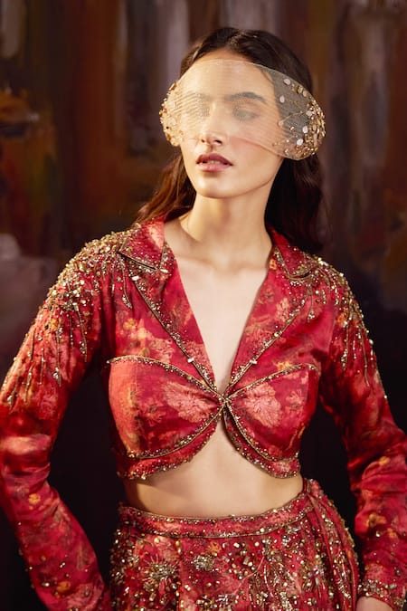 Shop_Falsa_Red Silk, Crepe Beads, Embroidery, Sequins V-neck Hand Lehenga With Blouse 