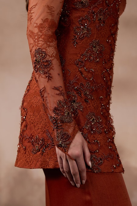 Falsa_Orange Chantelle, Silk, Crepe Beads, Hand Embroidered Tunic With Flared Pant _Online_at_Aza_Fashions