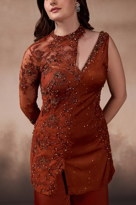 Buy_Falsa_Orange Chantelle, Silk, Crepe Beads, Hand Embroidered Tunic With Flared Pant _Online_at_Aza_Fashions