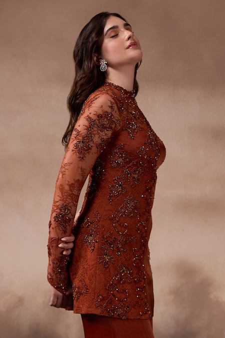 Falsa_Orange Chantelle, Silk, Crepe Beads, Hand Embroidered Tunic With Flared Pant _at_Aza_Fashions