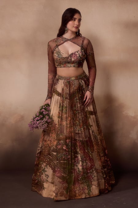 Falsa_Brown Silk, Chiffon Beads, Embroidery Keyhole Neck, Printed Lehenga And Blouse Set _Online_at_Aza_Fashions