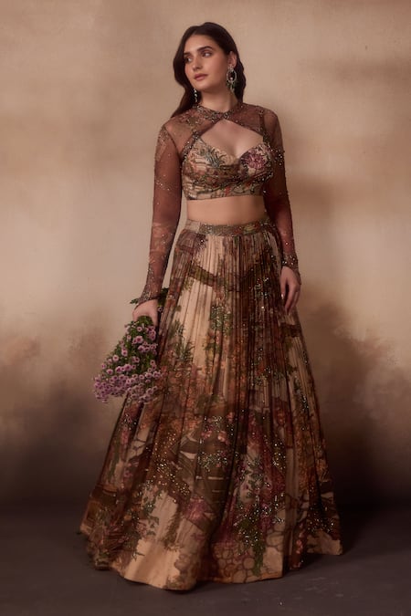 Falsa Brown Silk, Chiffon Beads, Embroidery Keyhole Neck, Printed Lehenga And Blouse Set