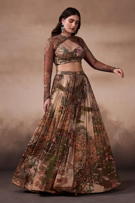 Buy_Falsa_Brown Silk, Chiffon Beads, Embroidery Keyhole Neck, Printed Lehenga And Blouse Set _Online_at_Aza_Fashions