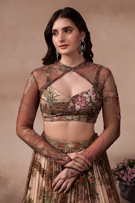 Falsa_Brown Silk, Chiffon Beads, Embroidery Keyhole Neck, Printed Lehenga And Blouse Set _at_Aza_Fashions