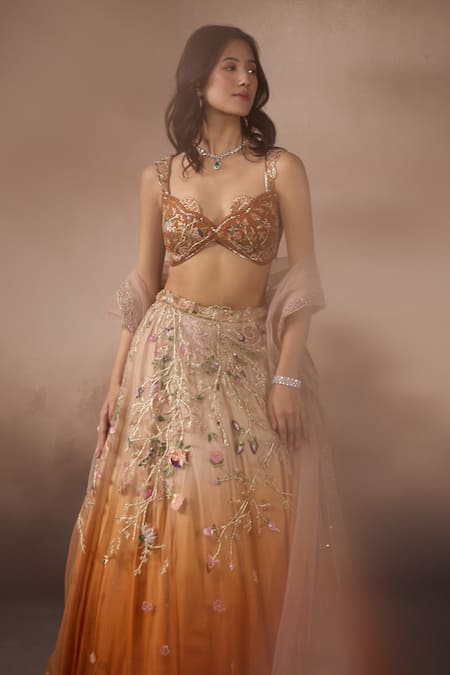 Falsa_Orange Tulle Embroidery Sweetheart Neck Lehenga Set _Online_at_Aza_Fashions