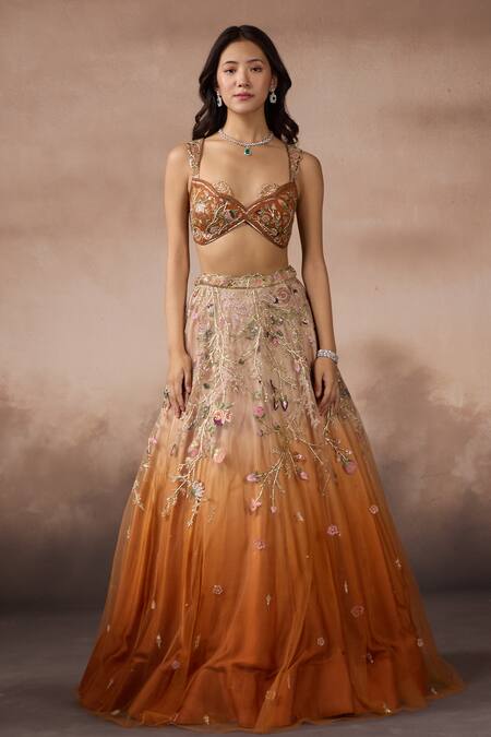 Buy_Falsa_Orange Tulle Embroidery Sweetheart Neck Lehenga Set _Online_at_Aza_Fashions