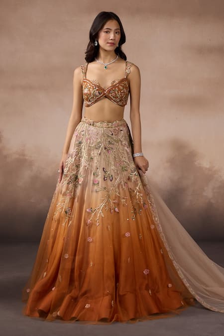 Shop_Falsa_Orange Tulle Embroidery Sweetheart Neck Lehenga Set _Online_at_Aza_Fashions