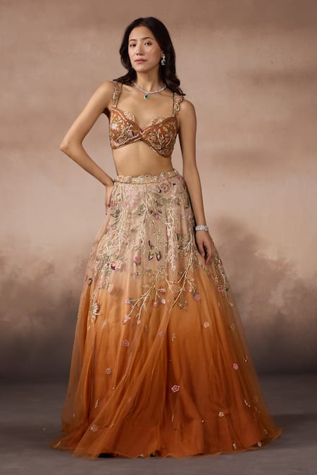 Falsa_Orange Tulle Embroidery Sweetheart Neck Lehenga Set _at_Aza_Fashions