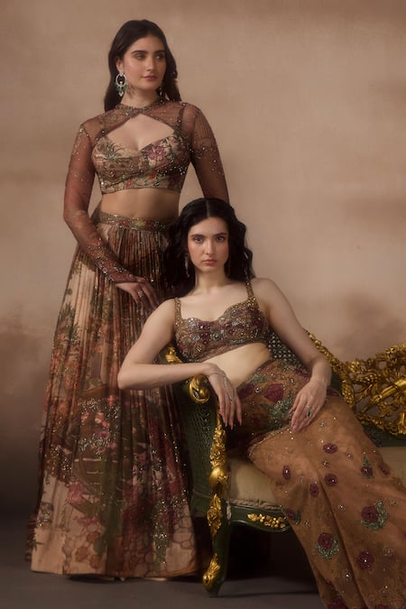 Falsa_Brown Tulle, Organza Embroidery Sweetheart Neck Lehenga Set _Online_at_Aza_Fashions