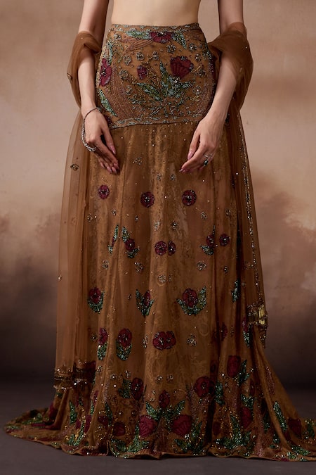 Buy_Falsa_Brown Tulle, Organza Embroidery Sweetheart Neck Lehenga Set _Online_at_Aza_Fashions