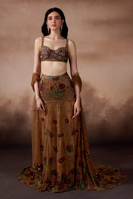 Shop_Falsa_Brown Tulle, Organza Embroidery Sweetheart Neck Lehenga Set _Online_at_Aza_Fashions