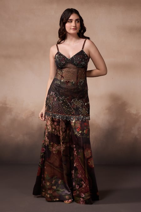 Falsa_Brown Tulle, Silk Organza Beads Round Neck, Open Embroidered Tunic And Jacket Set _Online_at_Aza_Fashions