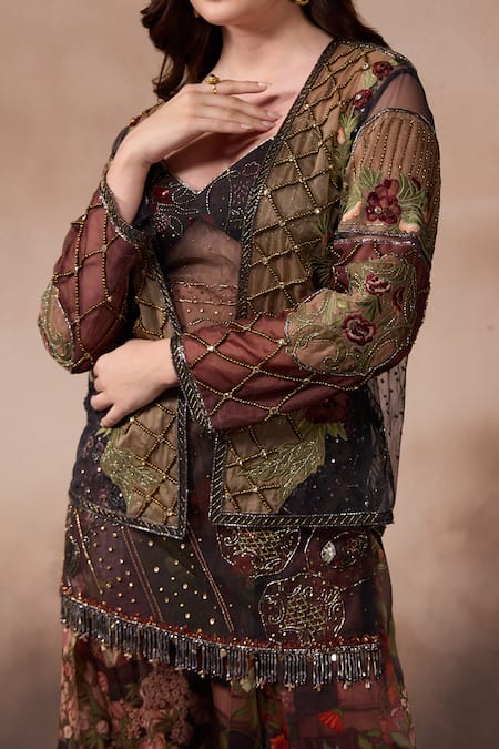 Buy_Falsa_Brown Tulle, Silk Organza Beads Round Neck, Open Embroidered Tunic And Jacket Set _Online_at_Aza_Fashions