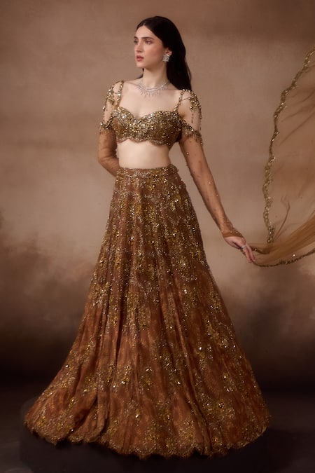 Falsa_Brown Chantelle Embroidery Sweetheart Printed Lehenga And Asymmetric Blouse Set _Online_at_Aza_Fashions