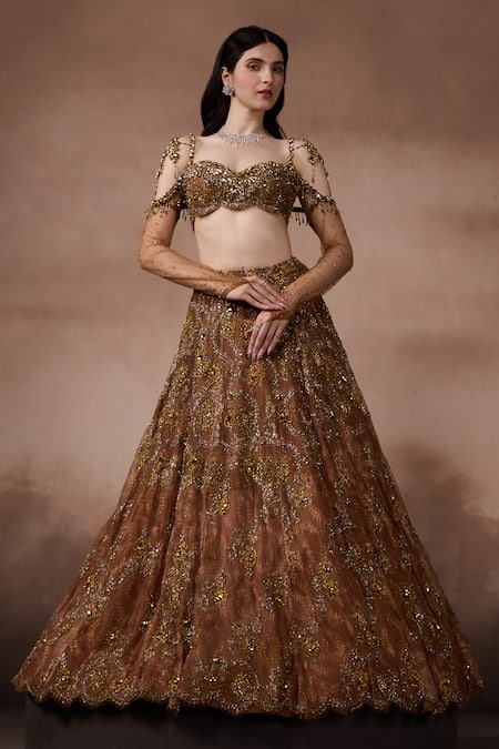 Buy_Falsa_Brown Chantelle Embroidery Sweetheart Printed Lehenga And Asymmetric Blouse Set _Online_at_Aza_Fashions