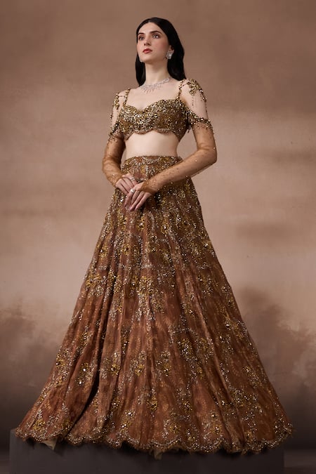 Shop_Falsa_Brown Chantelle Embroidery Sweetheart Printed Lehenga And Asymmetric Blouse Set _Online_at_Aza_Fashions