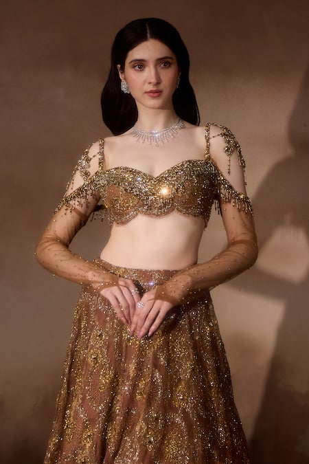 Falsa_Brown Chantelle Embroidery Sweetheart Printed Lehenga And Asymmetric Blouse Set _at_Aza_Fashions