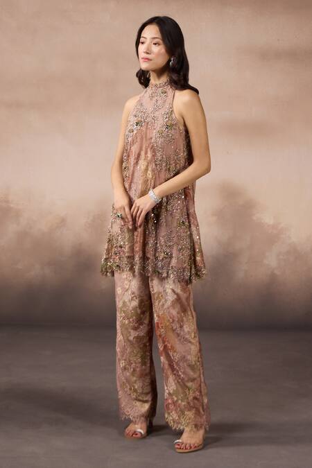 Falsa_Pink Chantelle Embroidery Halter Neck Tunic And Pant Set _Online_at_Aza_Fashions