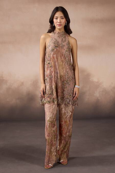 Buy_Falsa_Pink Chantelle Embroidery Halter Neck Tunic And Pant Set _Online_at_Aza_Fashions