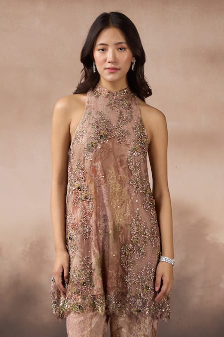 Shop_Falsa_Pink Chantelle Embroidery Halter Neck Tunic And Pant Set _Online_at_Aza_Fashions